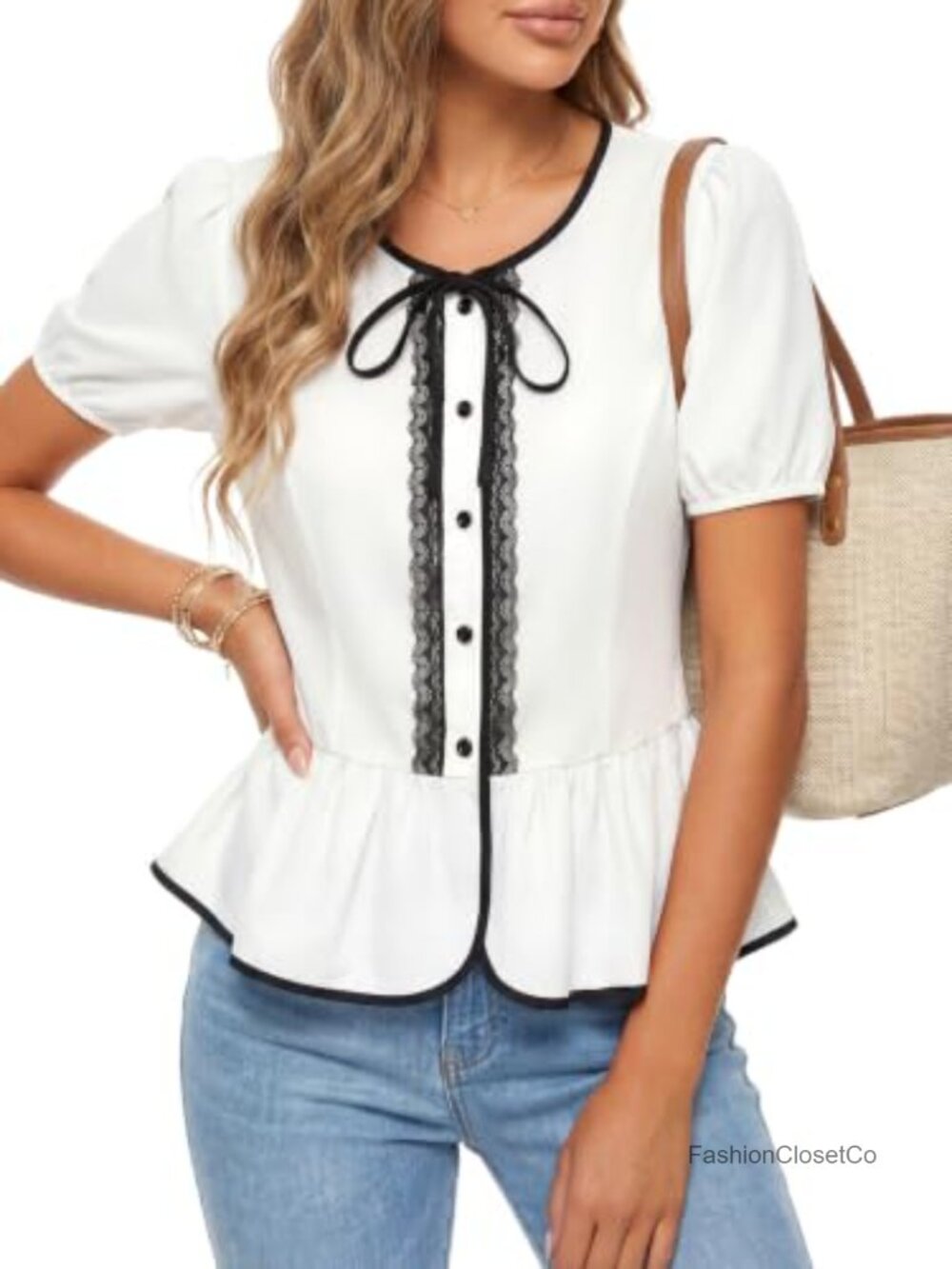 Women's Puff Sleeve Lace Trim Peplum Blouse Button Up - Picture 2 of 6